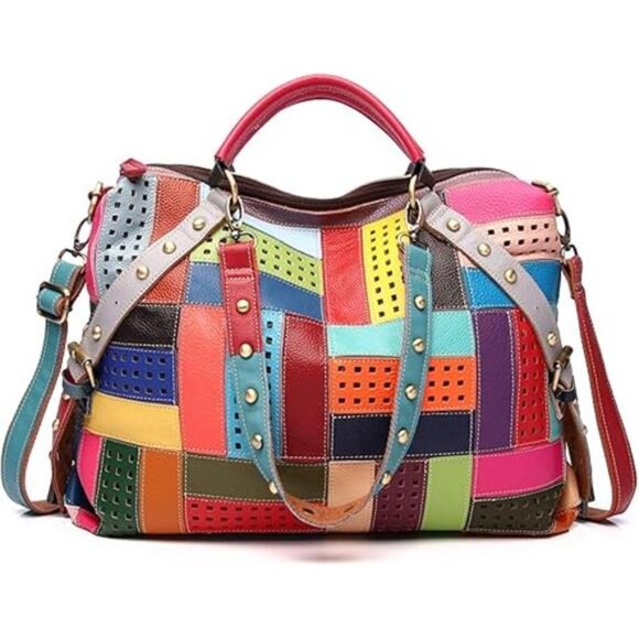 Women's Multicolor Tote Handbag Genuine Leather Random Color Hobo Shoulder Purse - Picture 8 of 8